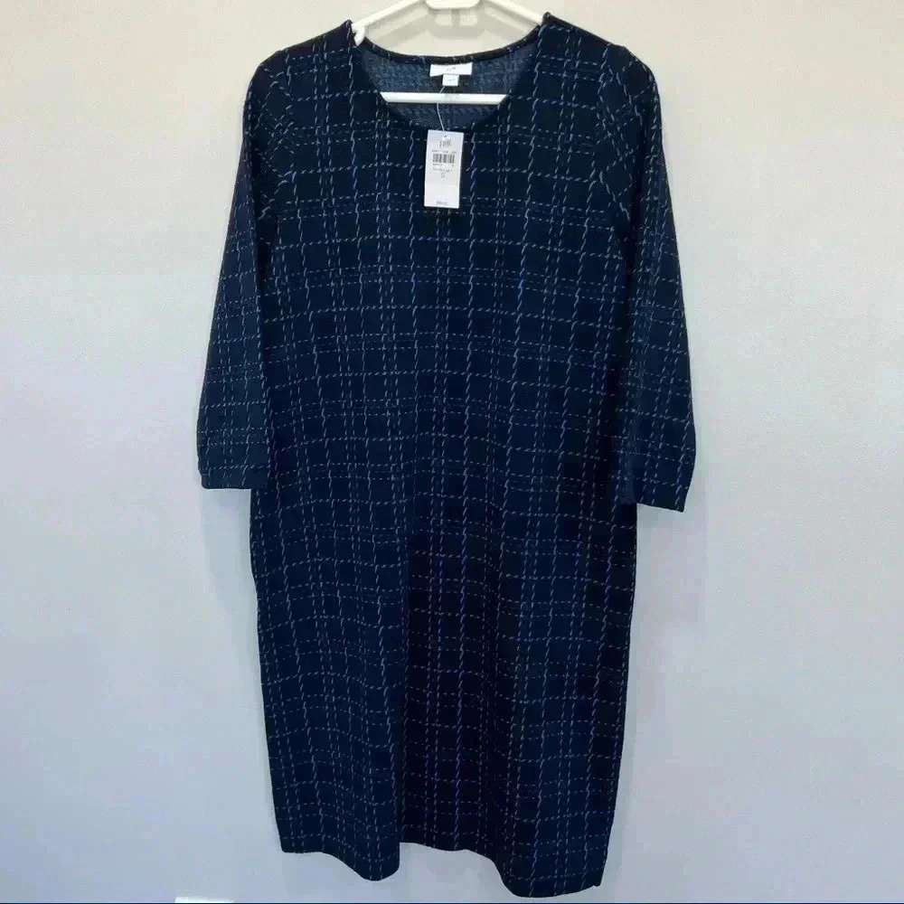 Jill Navy Tunic Shift Dress Size S  Blue Plaid Stretch Knit Work Career NEW